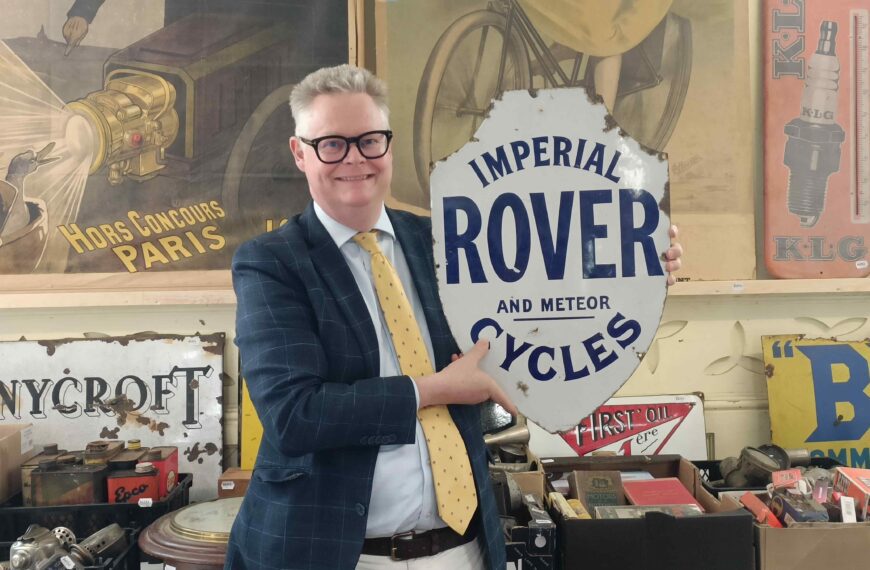 An enamel sign, Rover Imperial and Meteor Cycles, from the estate of the late Nick Baldwin